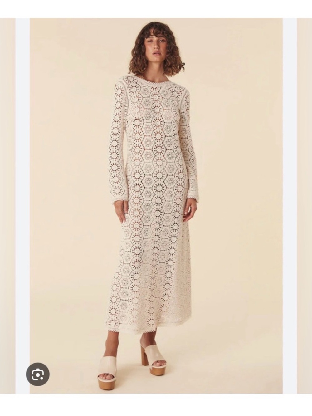 Spell Helena sz Large Cream Crochet Midi / Maxi Dress with Long Sleeves & Slip